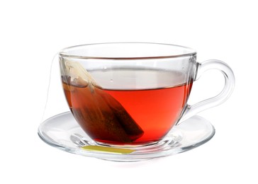 Photo of Cup with teabag isolated on white. Brewing aromatic tea