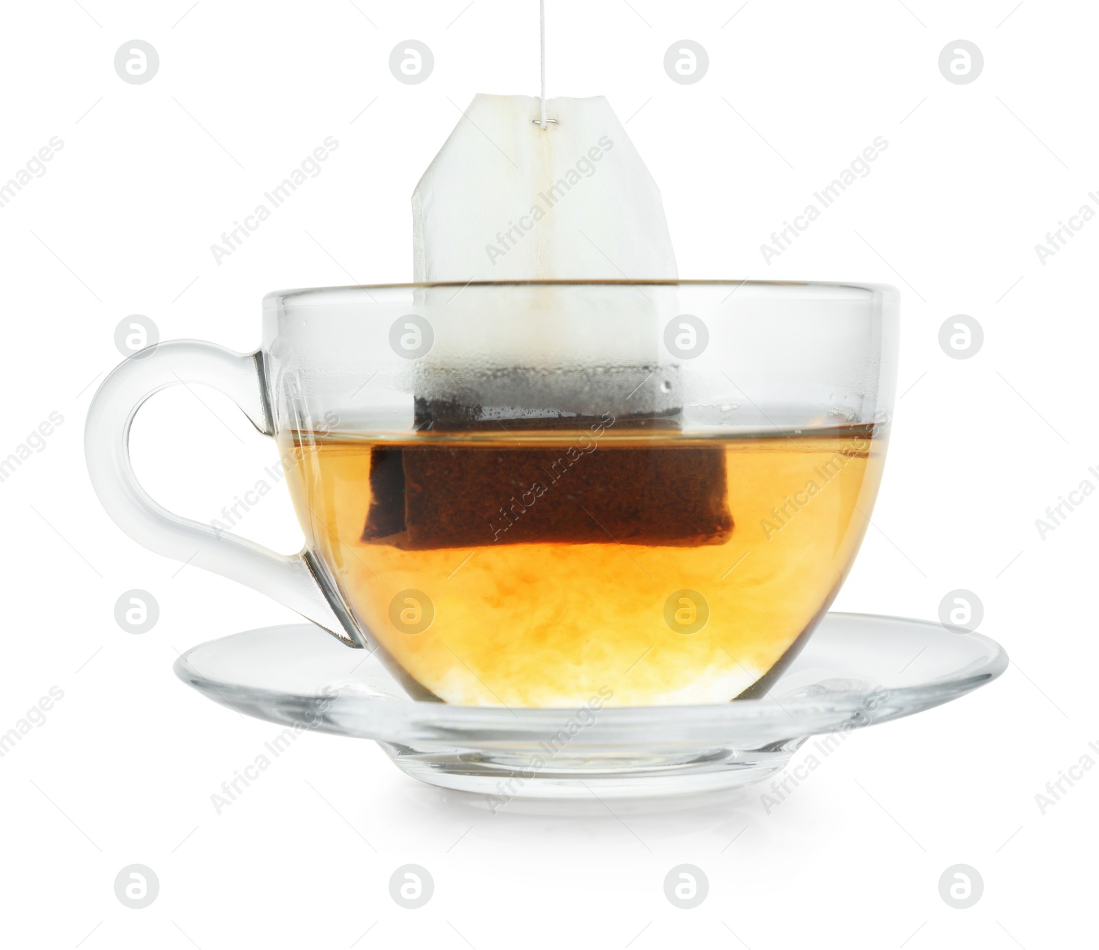 Photo of Cup with teabag isolated on white. Brewing aromatic tea