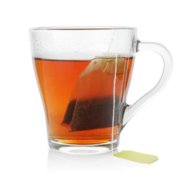 Photo of Cup with teabag isolated on white. Brewing aromatic tea