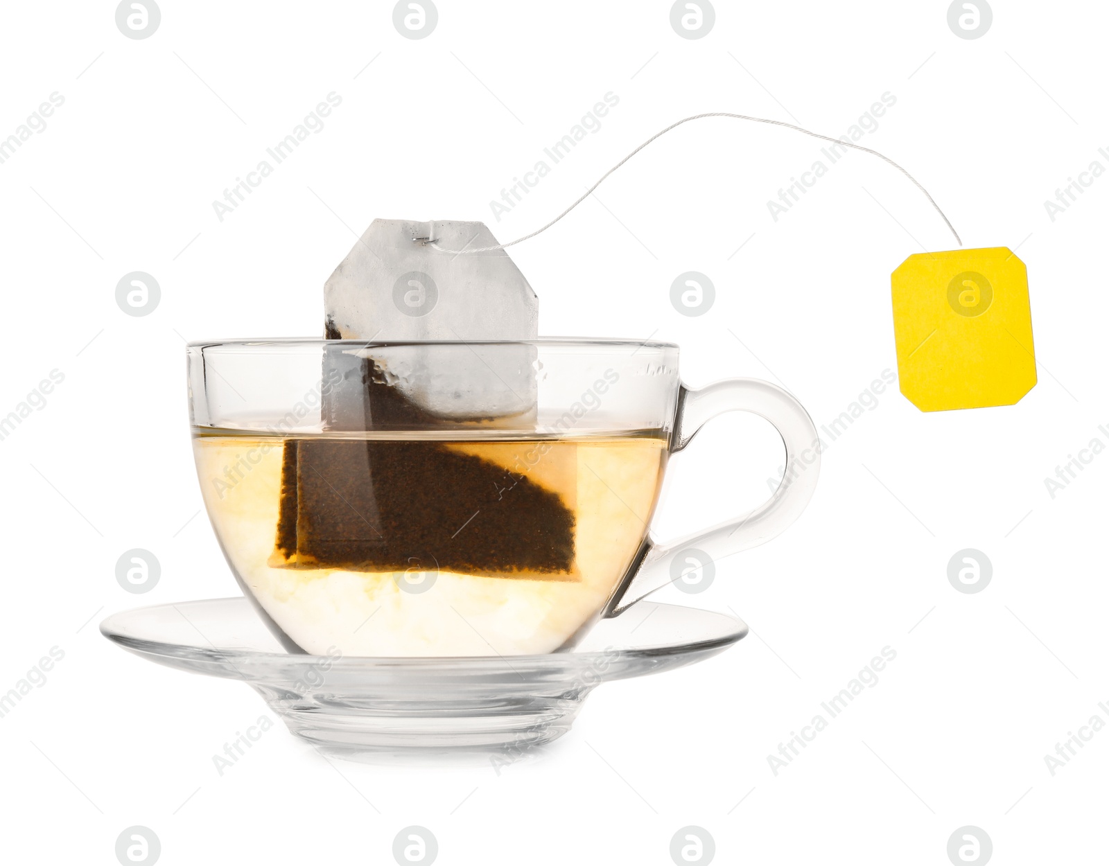 Photo of Brewing aromatic tea. Cup with teabag isolated on white