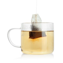 Photo of Putting tea bag into glass cup on white background