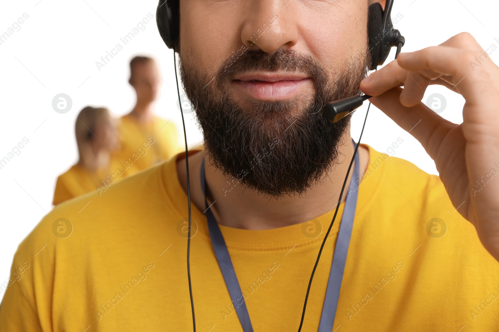 Photo of Technical support call center. Operator on white background, closeup