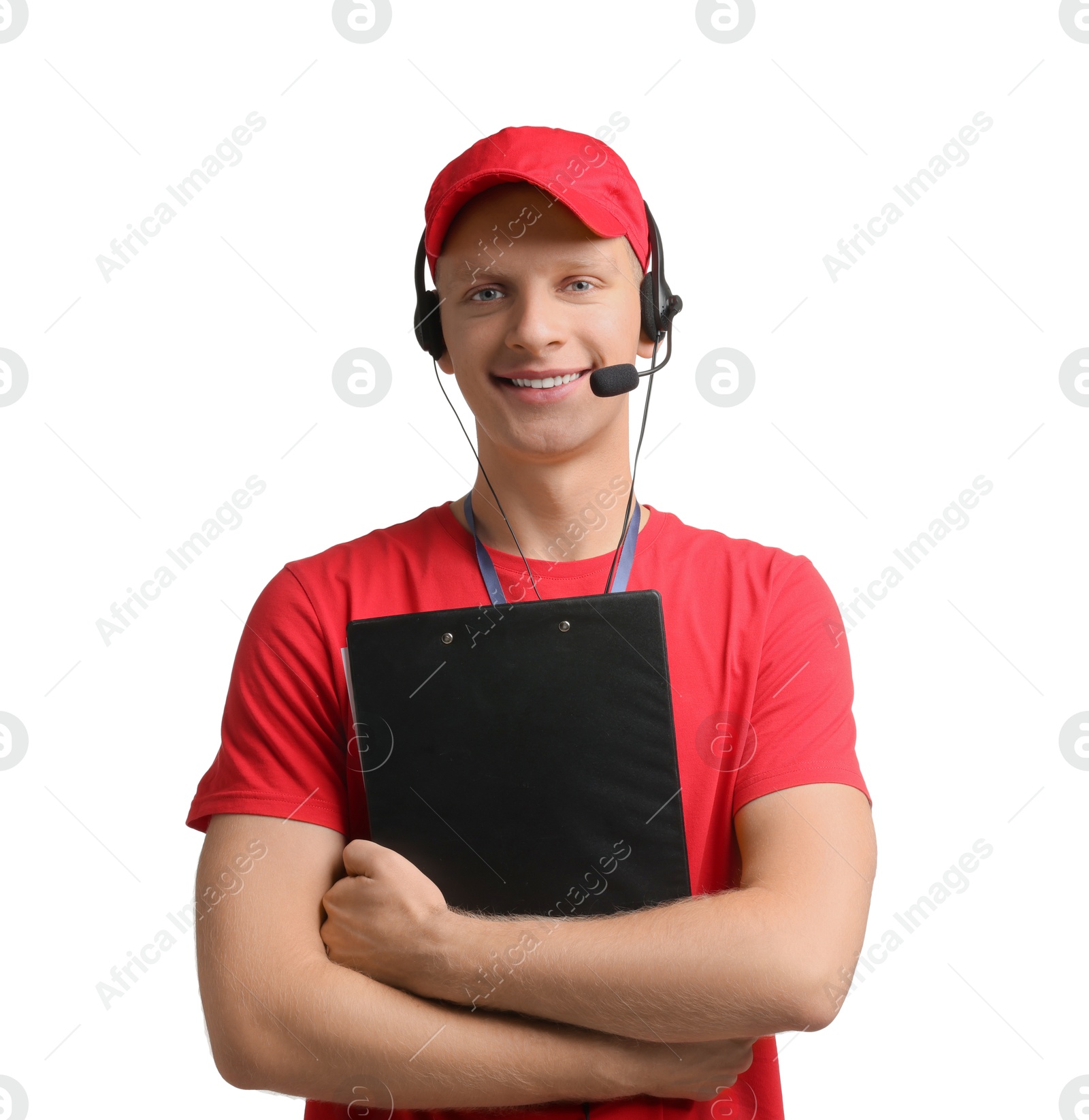 Photo of Technical support call center. Smiling operator with clipboard on white background