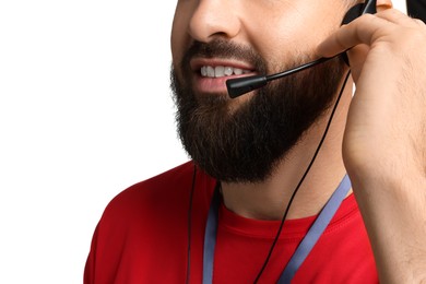 Photo of Technical support call center. Smiling operator on white background, closeup