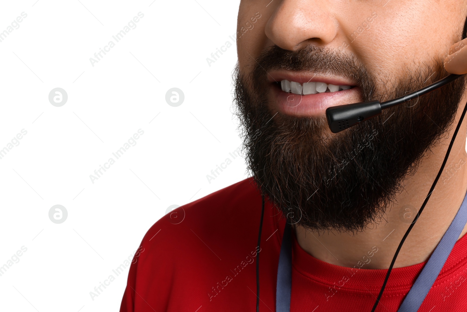 Photo of Technical support call center. Smiling operator on white background, closeup