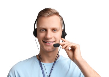 Technical support call center. Portrait of smiling operator on white background