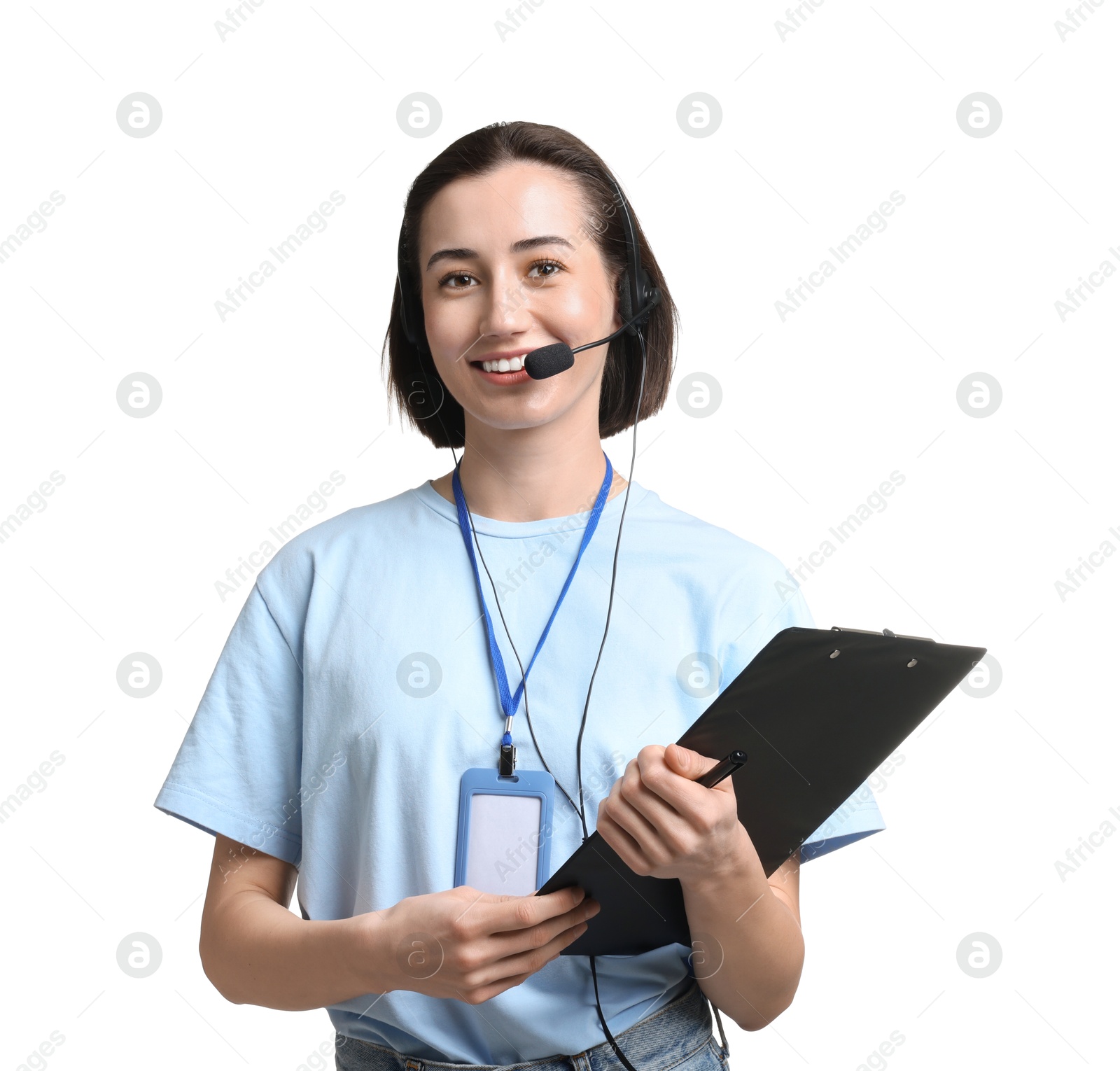 Photo of Technical support call center. Smiling operator with clipboard on white background