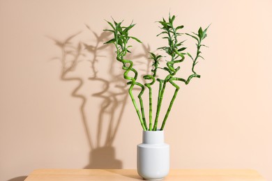 Photo of Decorative bamboo plant in vase on table near beige wall