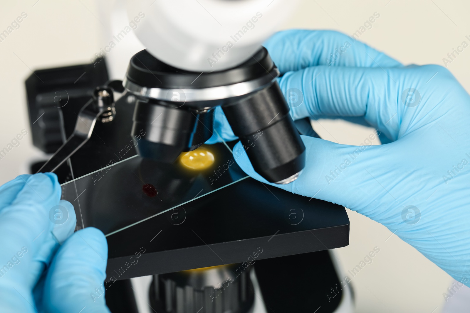 Photo of Scientist examining sample on slide under microscope, closeup