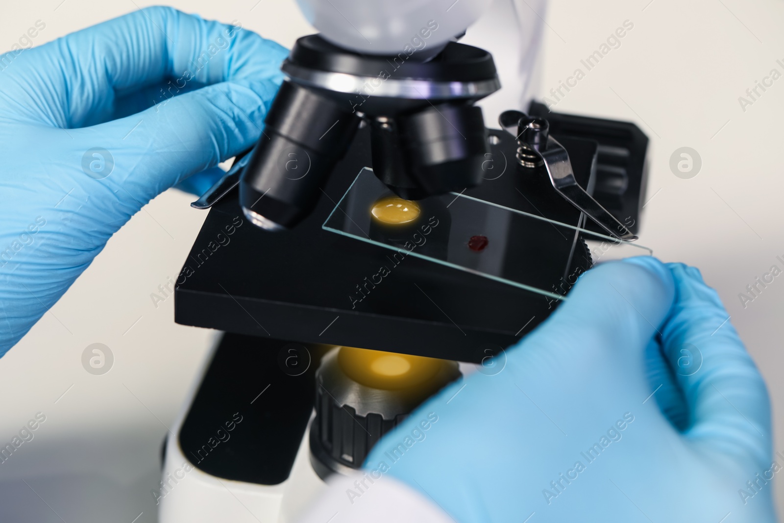 Photo of Scientist examining sample on slide under microscope, closeup