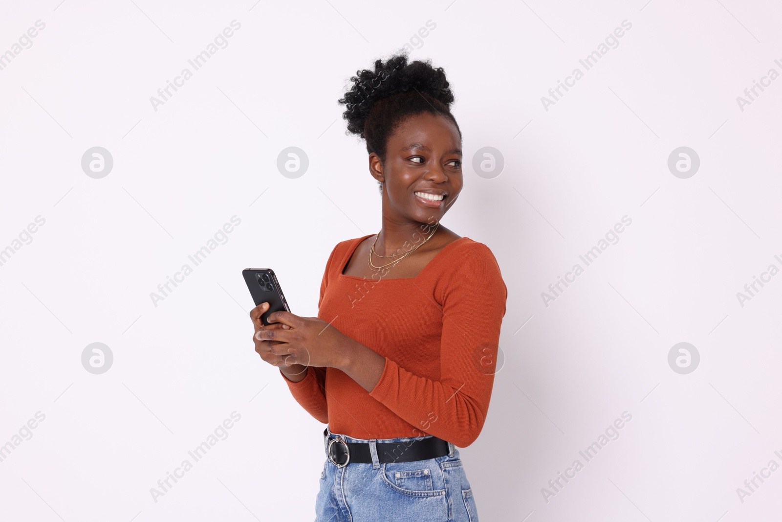 Photo of Happy woman with smartphone on white background