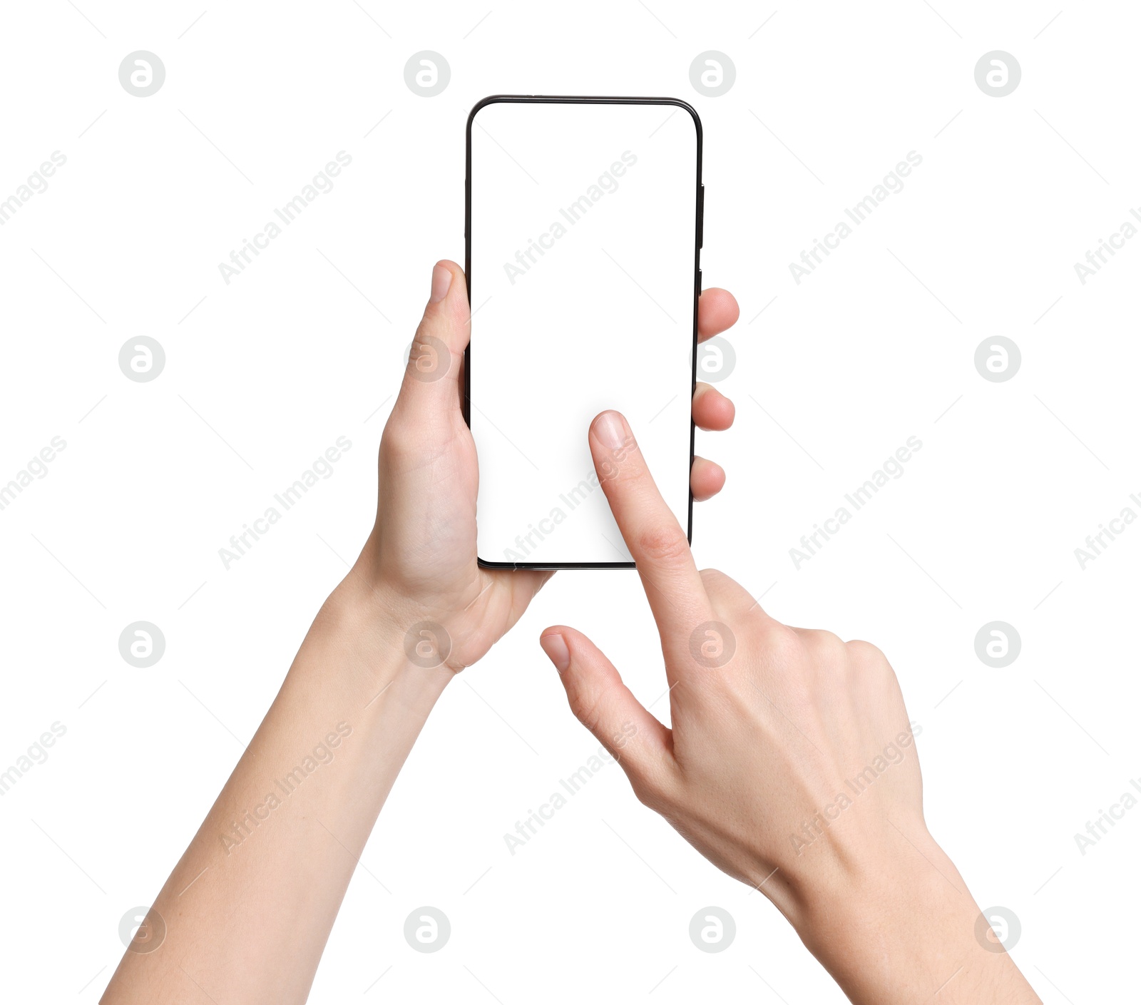 Photo of Woman with modern smartphone on white background, closeup