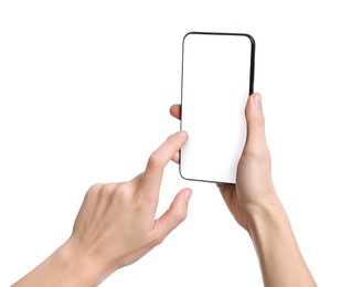 Woman with modern smartphone on white background, closeup