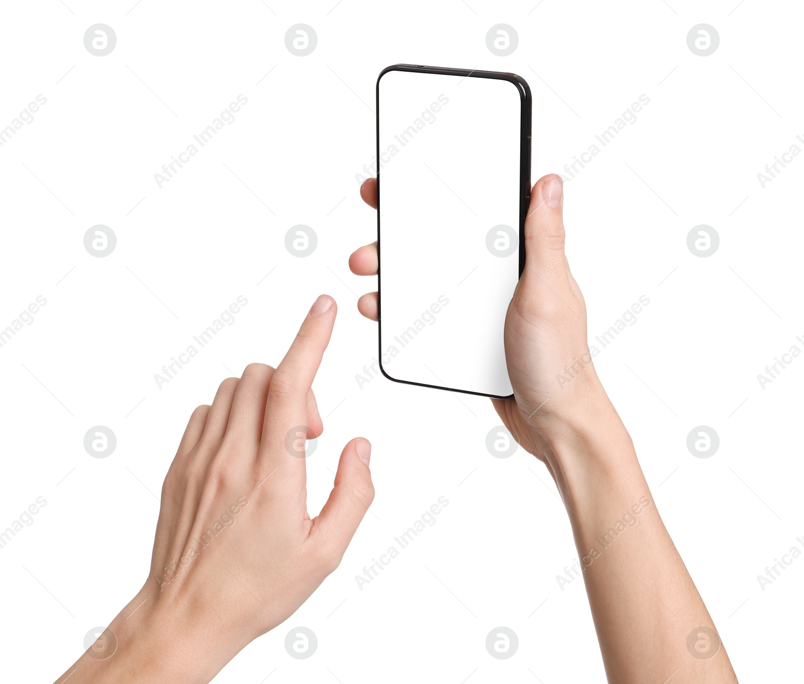 Photo of Woman with modern smartphone on white background, closeup