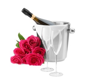 Photo of Bottle of champagne in ice bucket, beautiful roses and empty glasses isolated on white