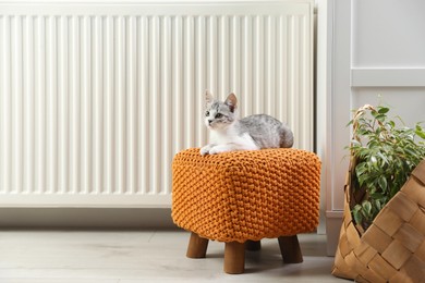 Photo of Cute little kitten on pouf near radiator at home, space for text