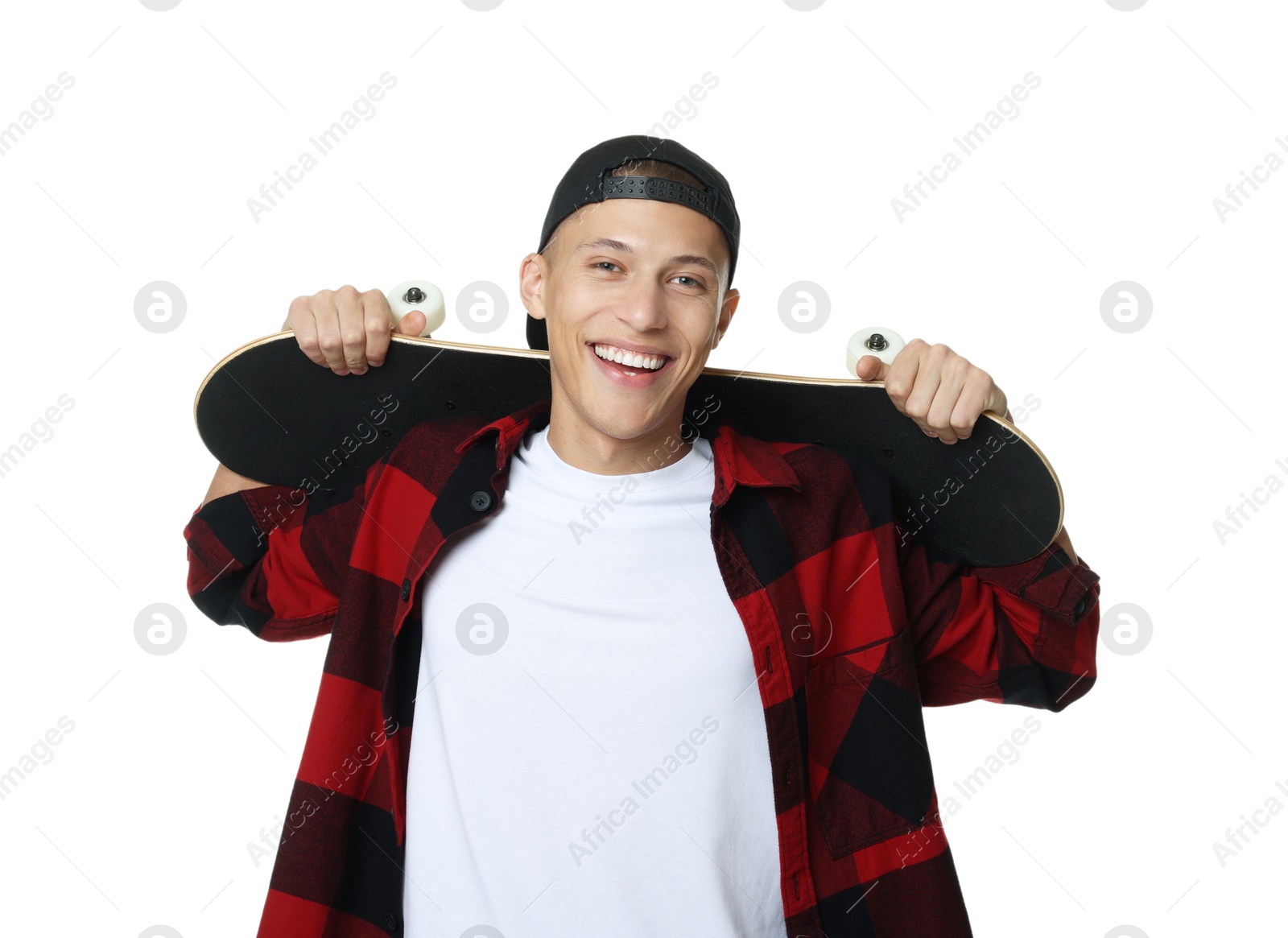 Photo of Happy man with skateboard on white background