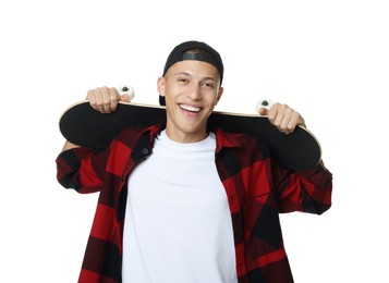 Happy man with skateboard on white background