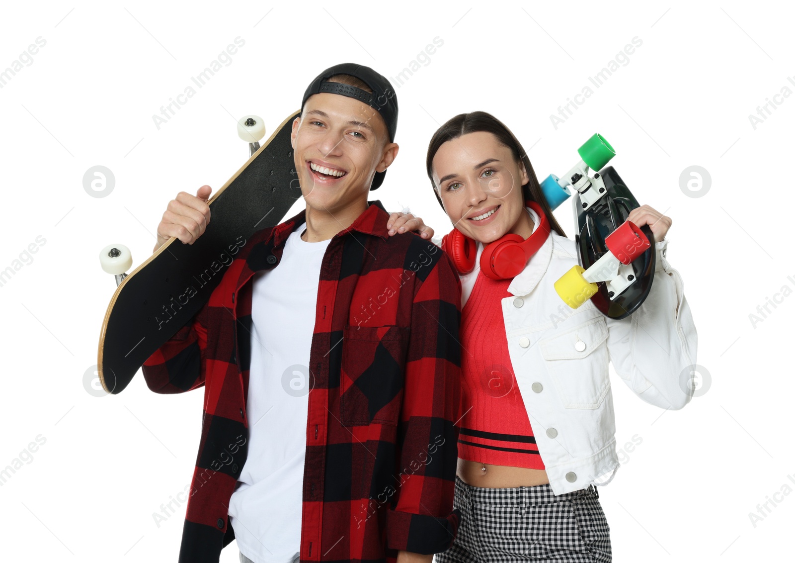 Photo of Happy friends with skateboards on white background