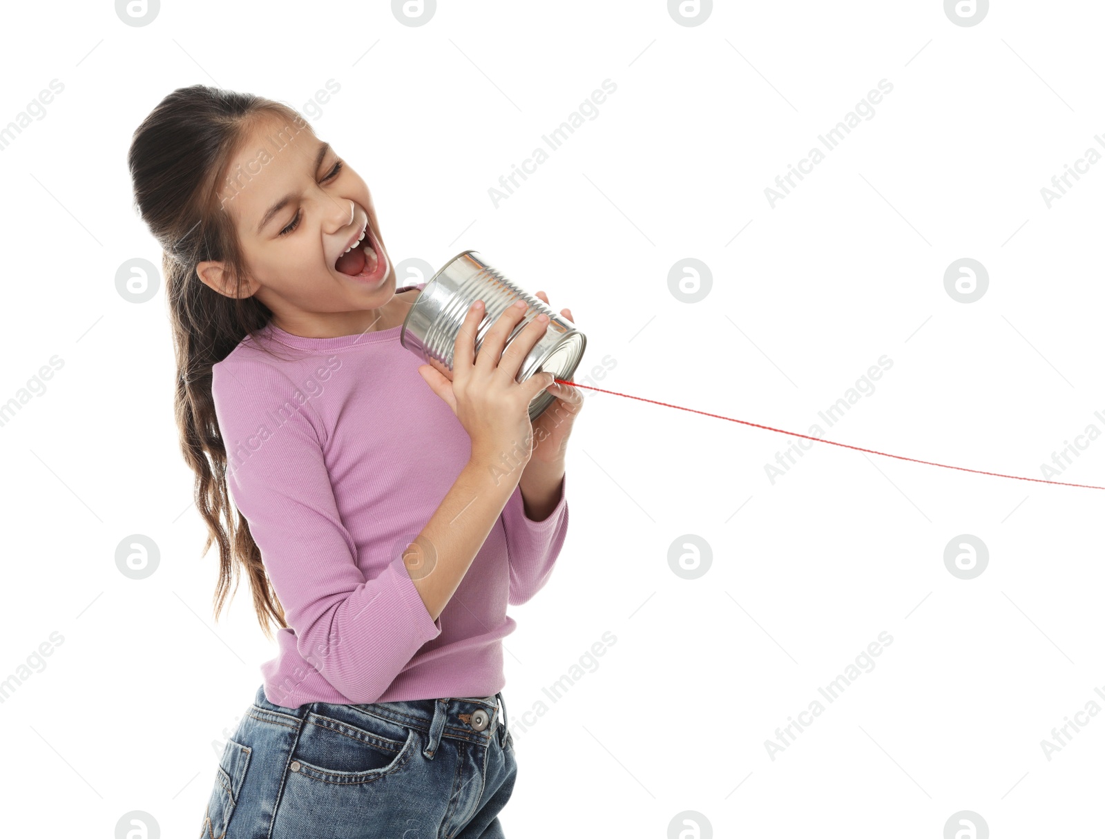 Photo of Girl using tin can telephone on white background