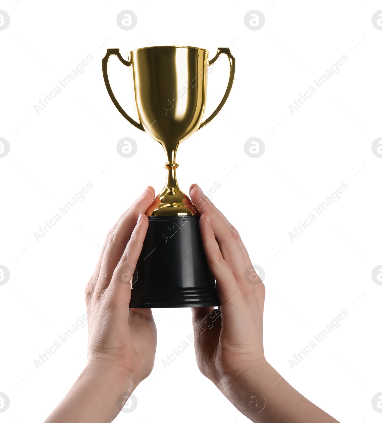 Photo of Woman holding golden trophy on white background, closeup