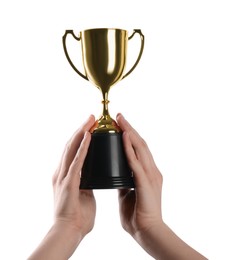 Photo of Woman holding golden trophy on white background, closeup