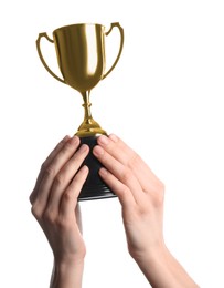 Photo of Woman holding golden trophy on white background, closeup