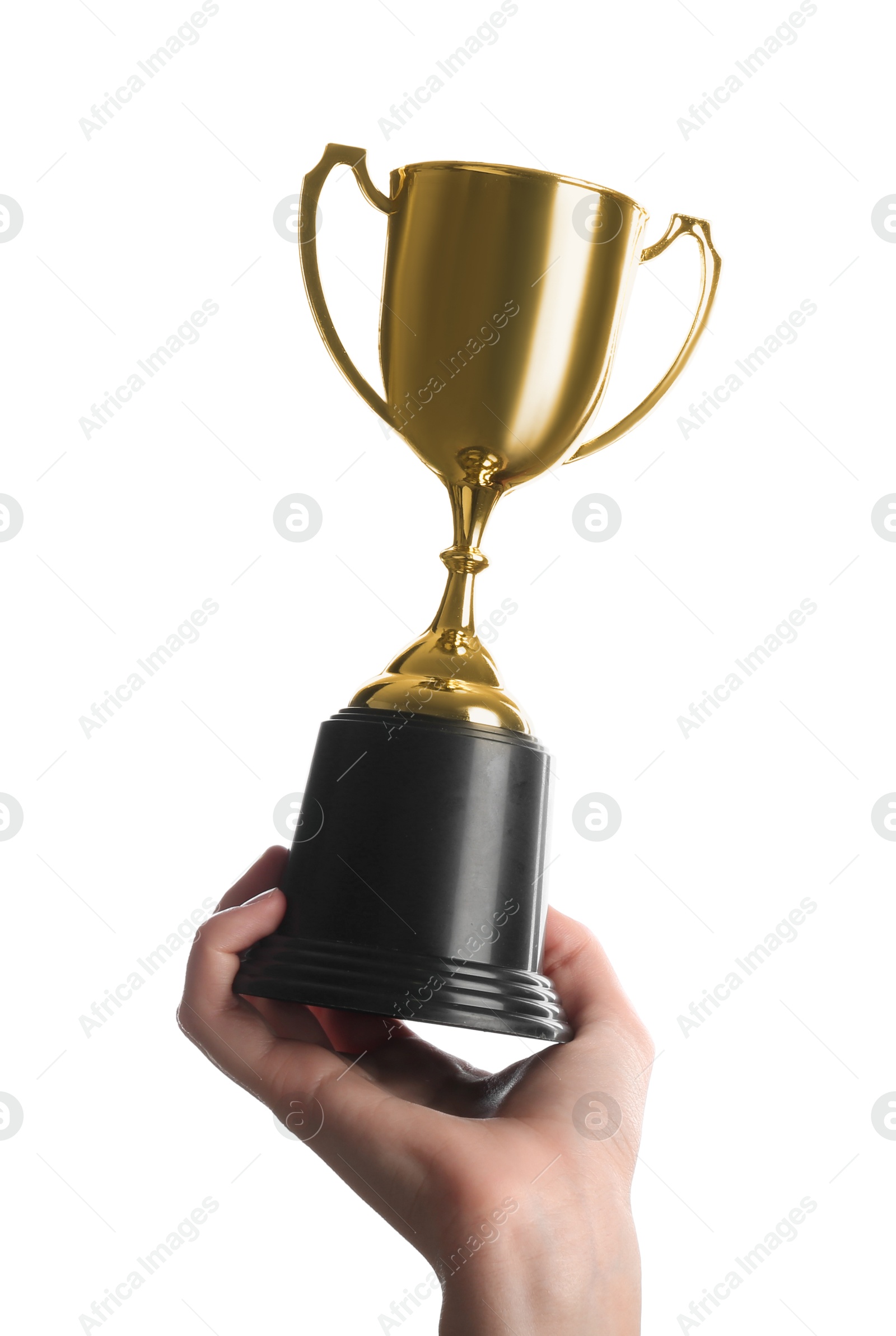 Photo of Woman holding golden trophy on white background, closeup