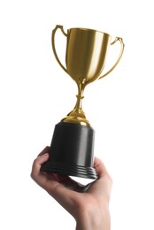 Photo of Woman holding golden trophy on white background, closeup