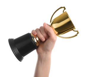 Photo of Woman holding golden trophy on white background, closeup