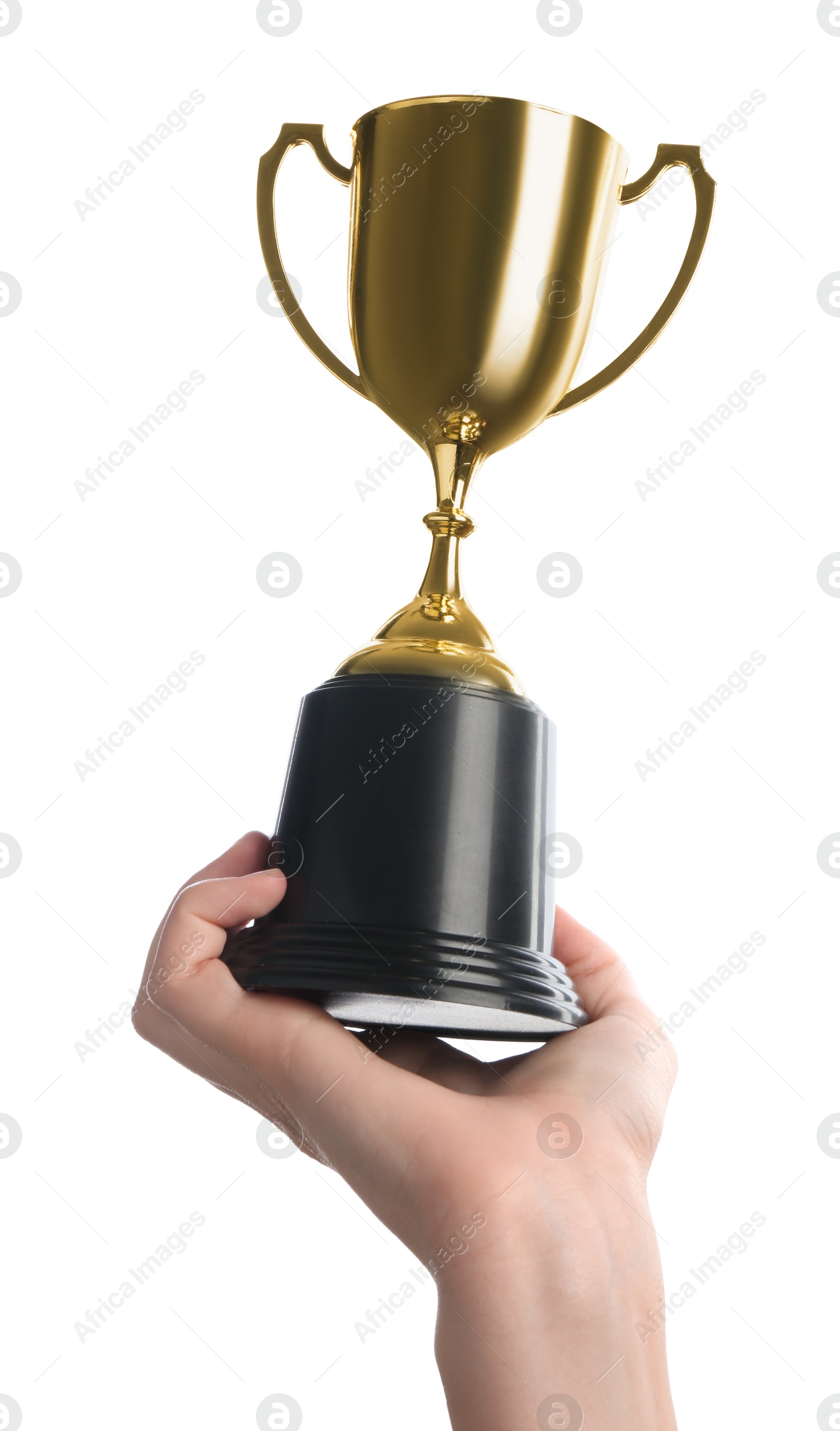 Photo of Woman holding golden trophy on white background, closeup