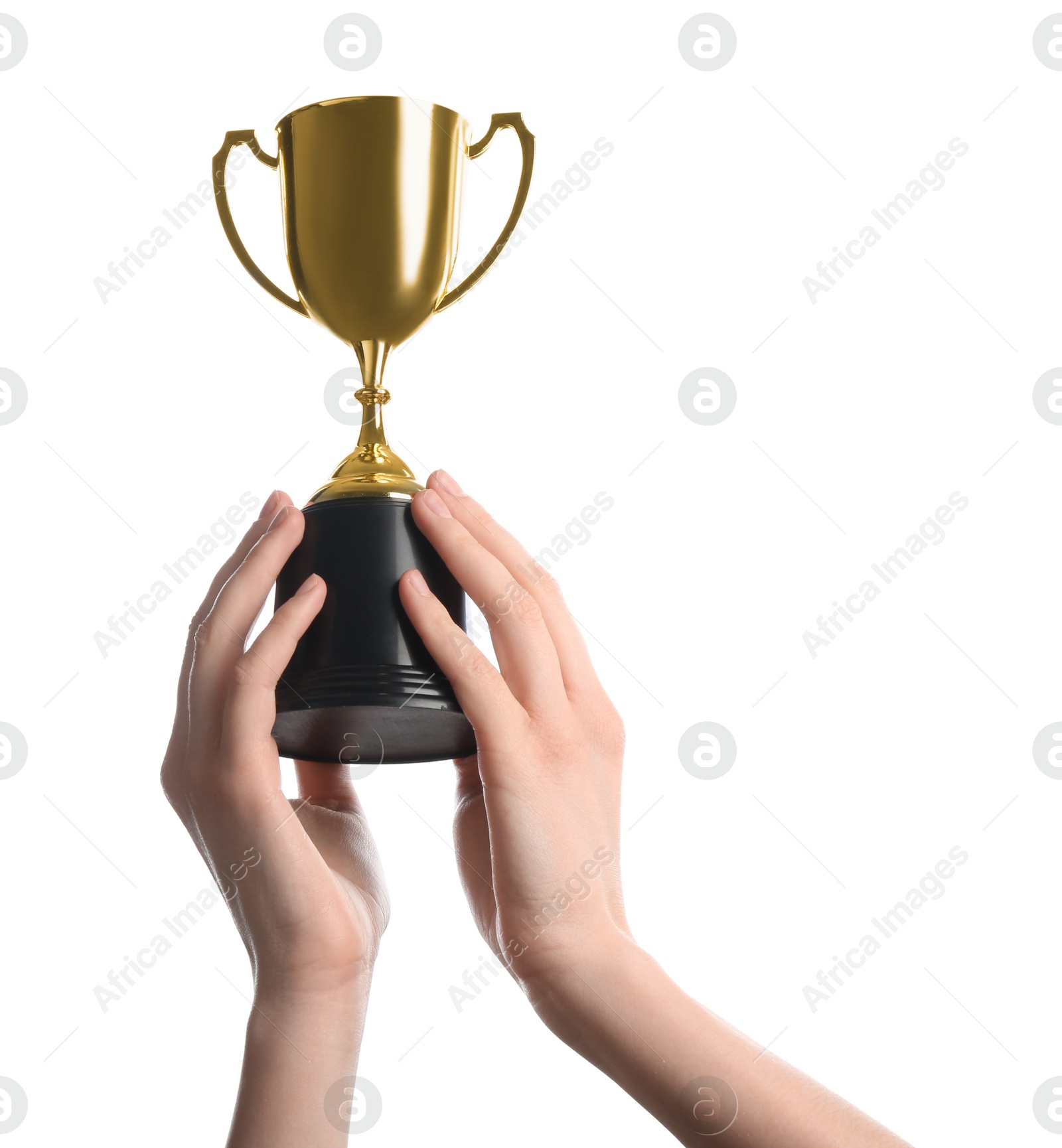 Photo of Woman holding golden trophy on white background, closeup