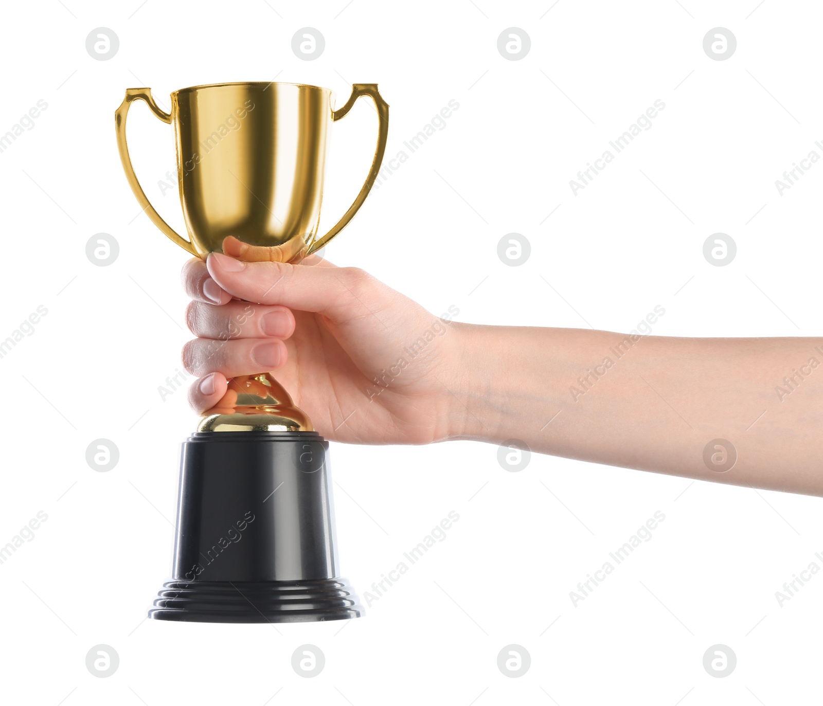 Photo of Woman holding golden trophy on white background, closeup