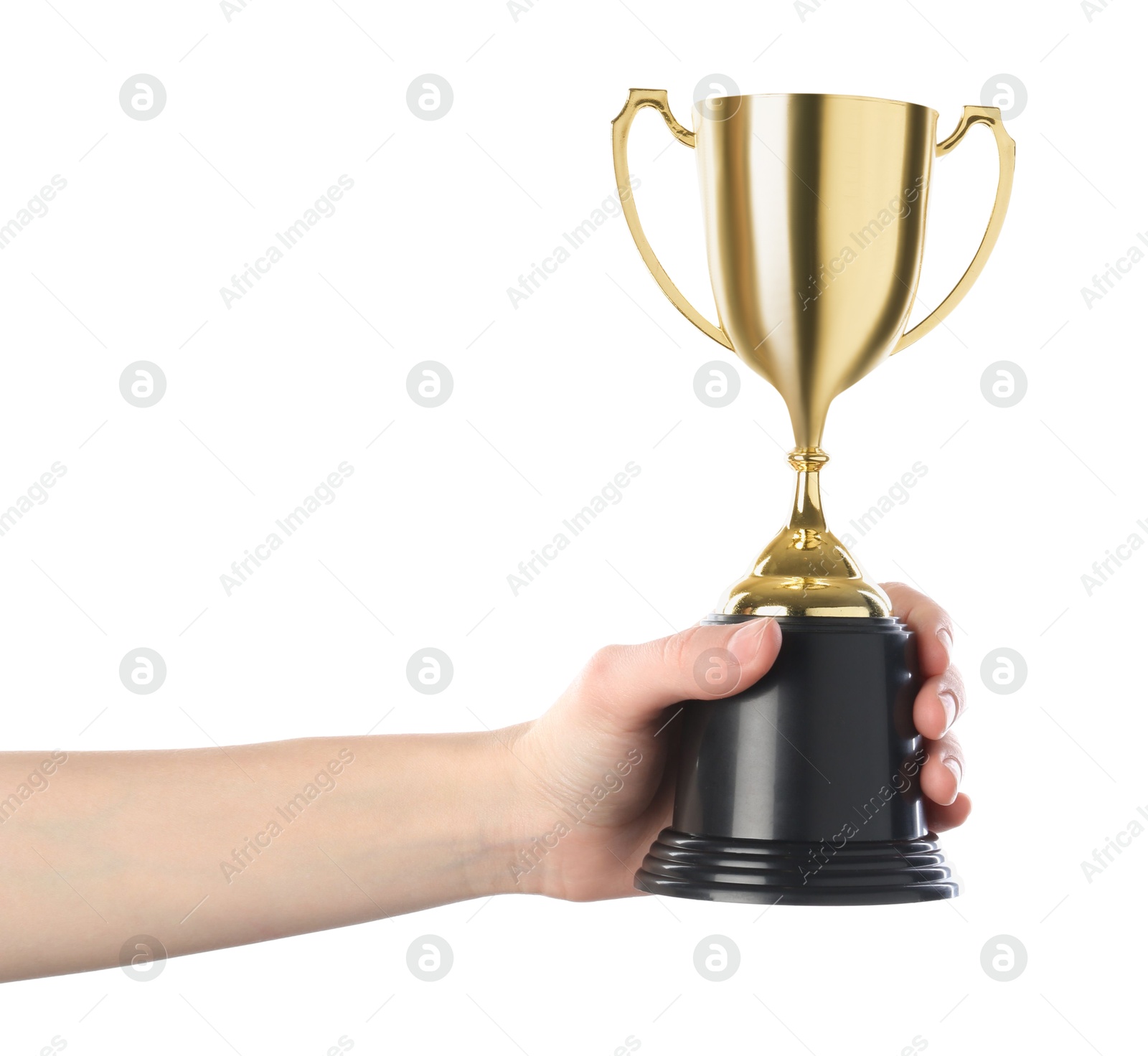 Photo of Woman holding golden trophy on white background, closeup