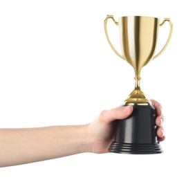 Photo of Woman holding golden trophy on white background, closeup