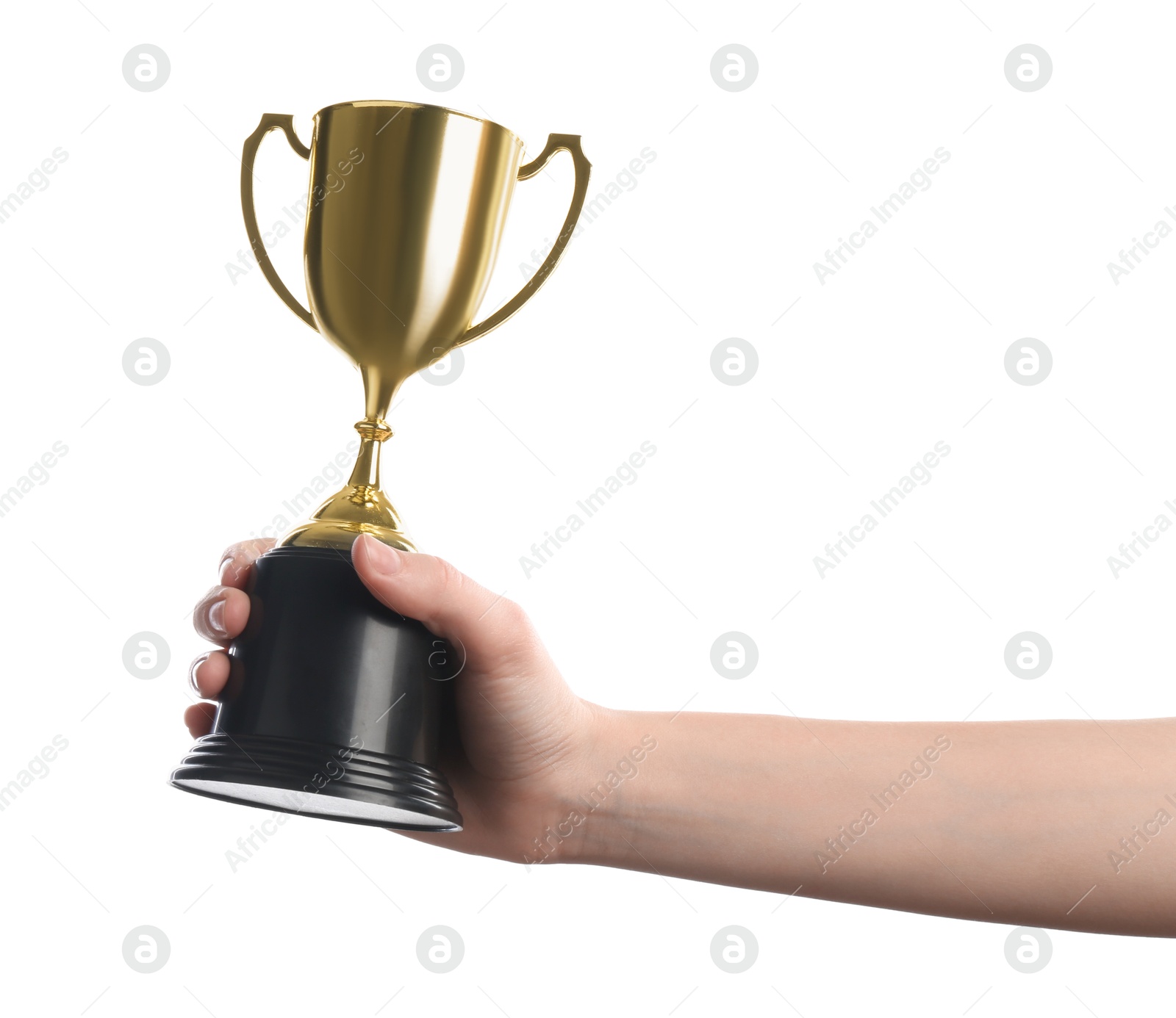 Photo of Woman holding golden trophy on white background, closeup