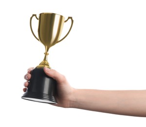 Photo of Woman holding golden trophy on white background, closeup