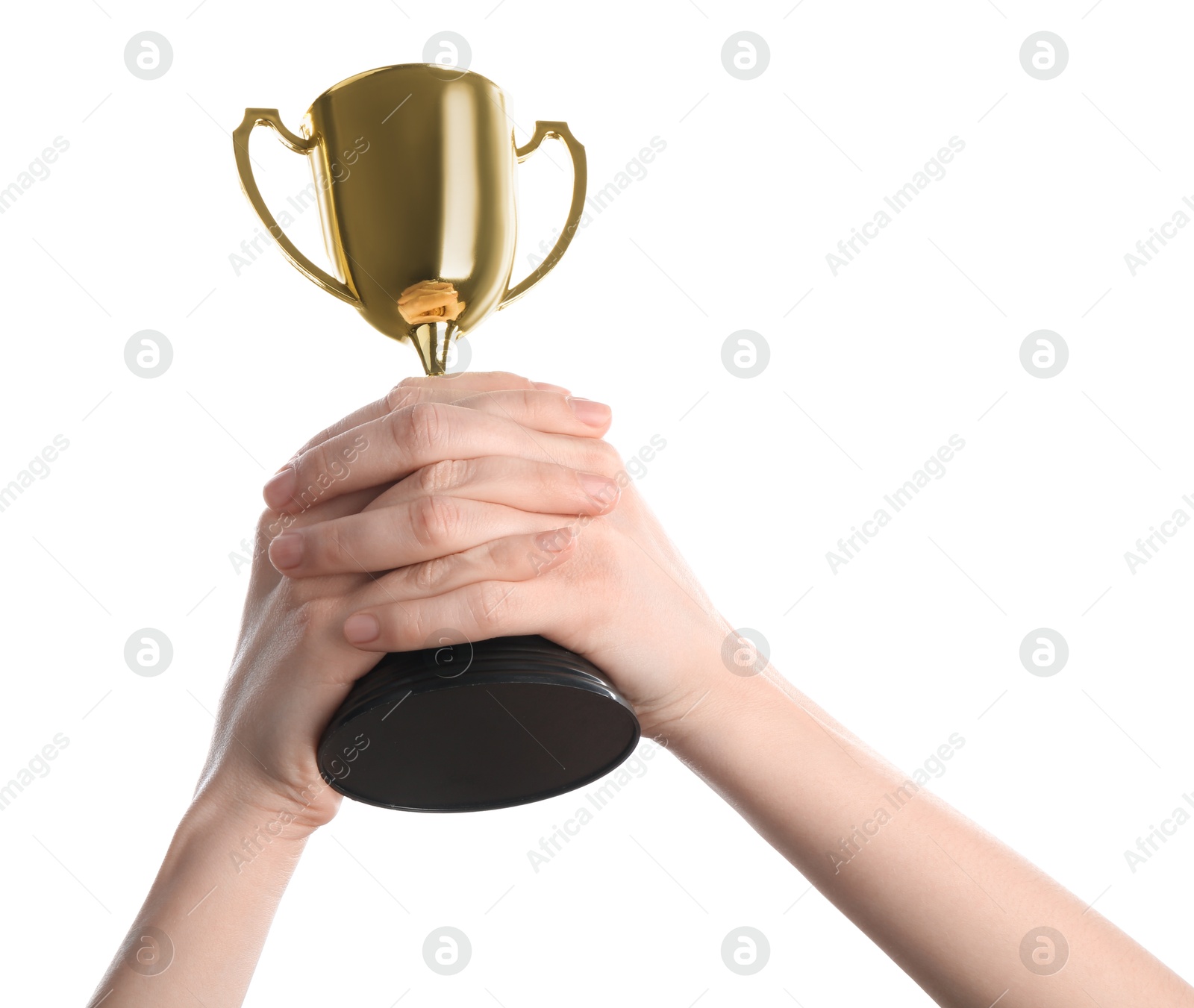 Photo of Woman holding golden trophy on white background, closeup