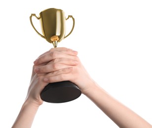 Photo of Woman holding golden trophy on white background, closeup