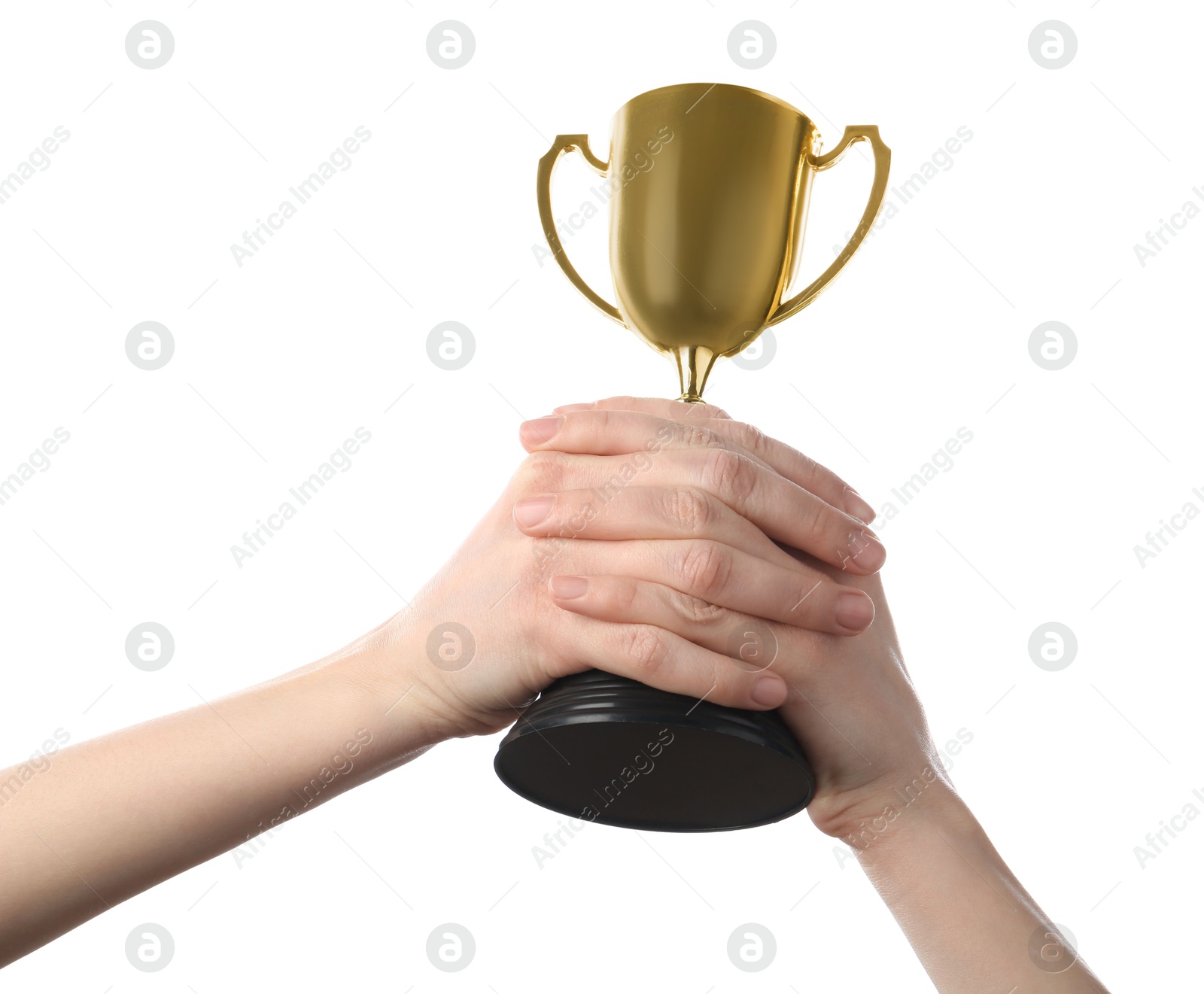 Photo of Woman holding golden trophy on white background, closeup