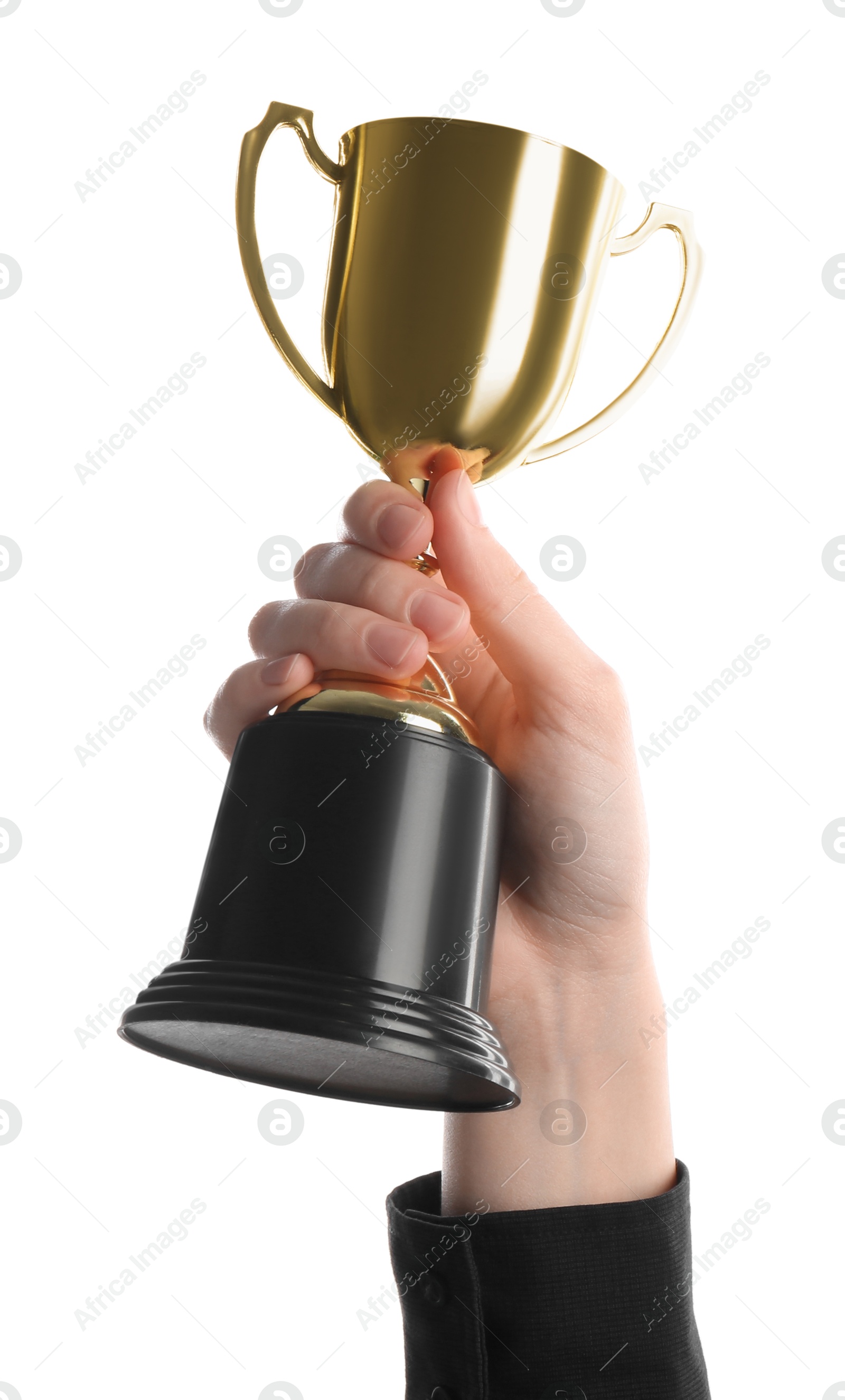 Photo of Woman holding golden trophy on white background, closeup