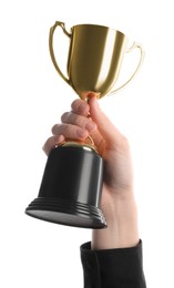 Photo of Woman holding golden trophy on white background, closeup