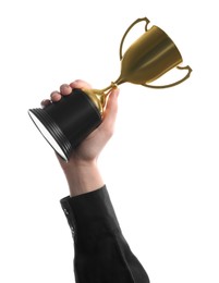 Photo of Woman holding golden trophy on white background, closeup