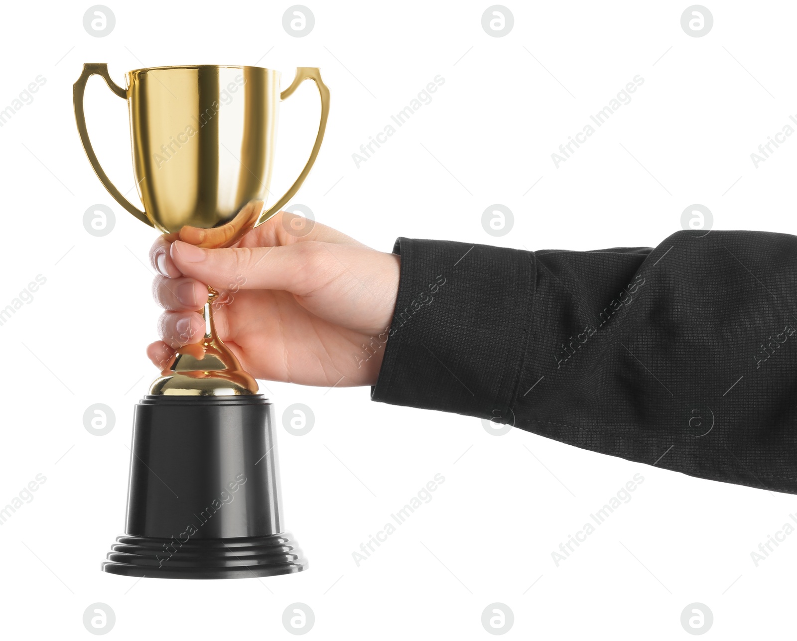 Photo of Woman holding golden trophy on white background, closeup