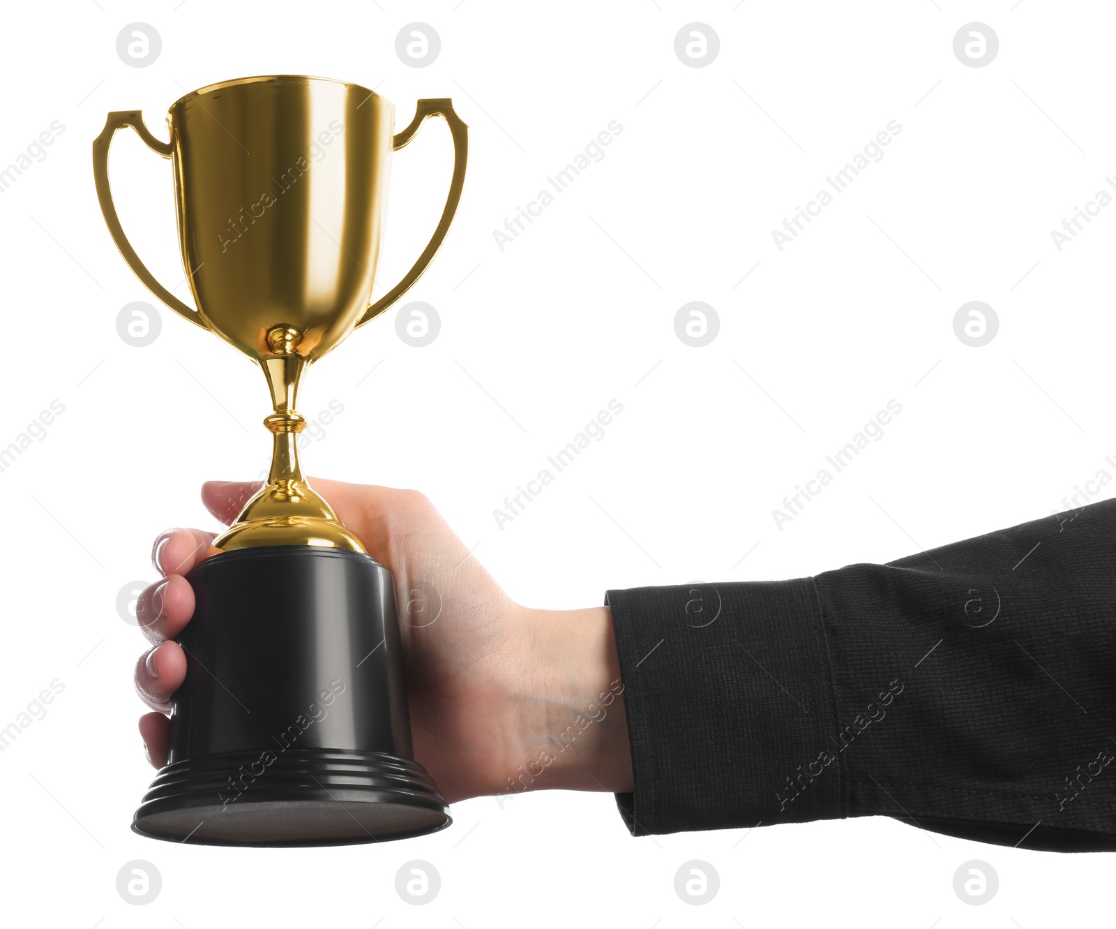 Photo of Woman holding golden trophy on white background, closeup