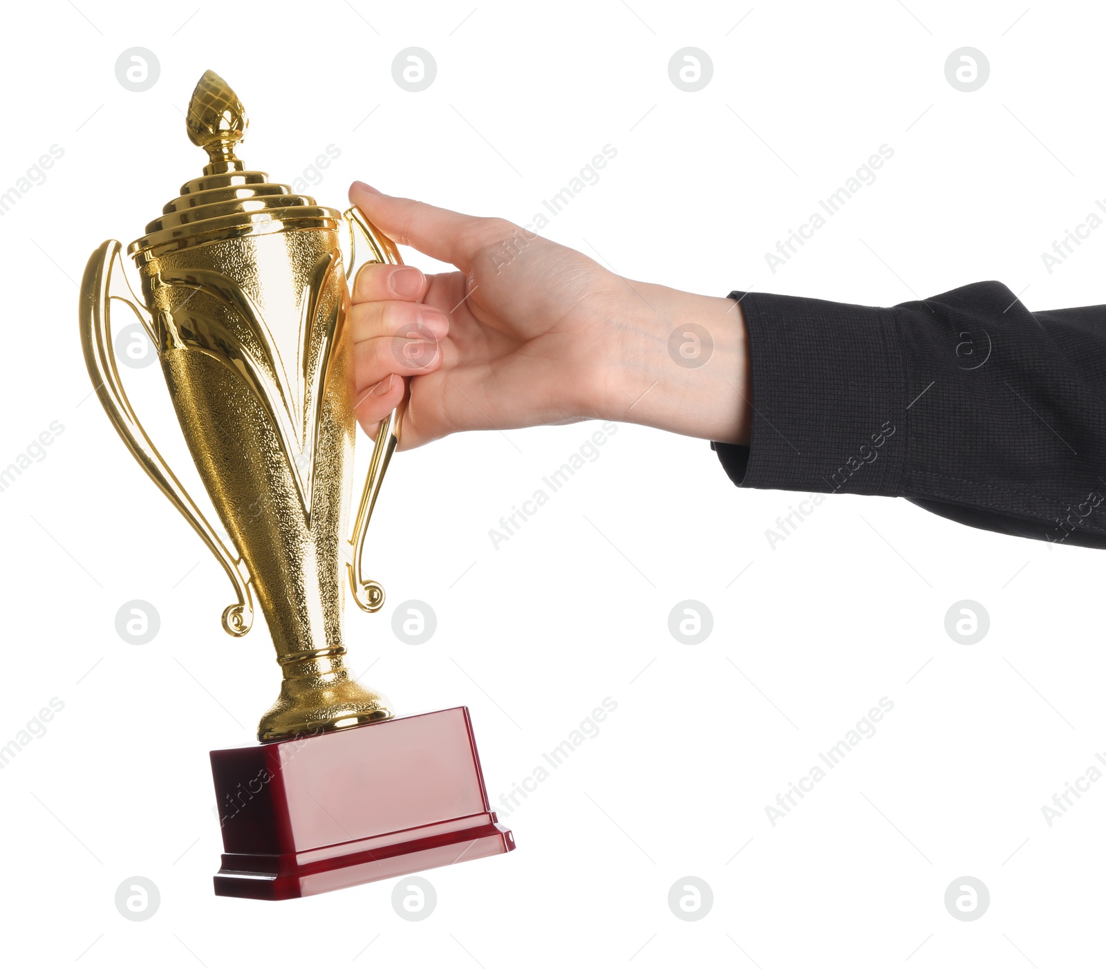 Photo of Woman holding golden trophy on white background, closeup