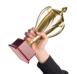 Photo of Woman holding golden trophy on white background, closeup