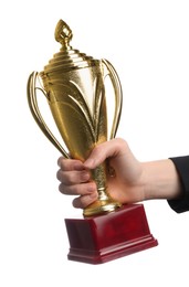 Photo of Woman holding golden trophy on white background, closeup