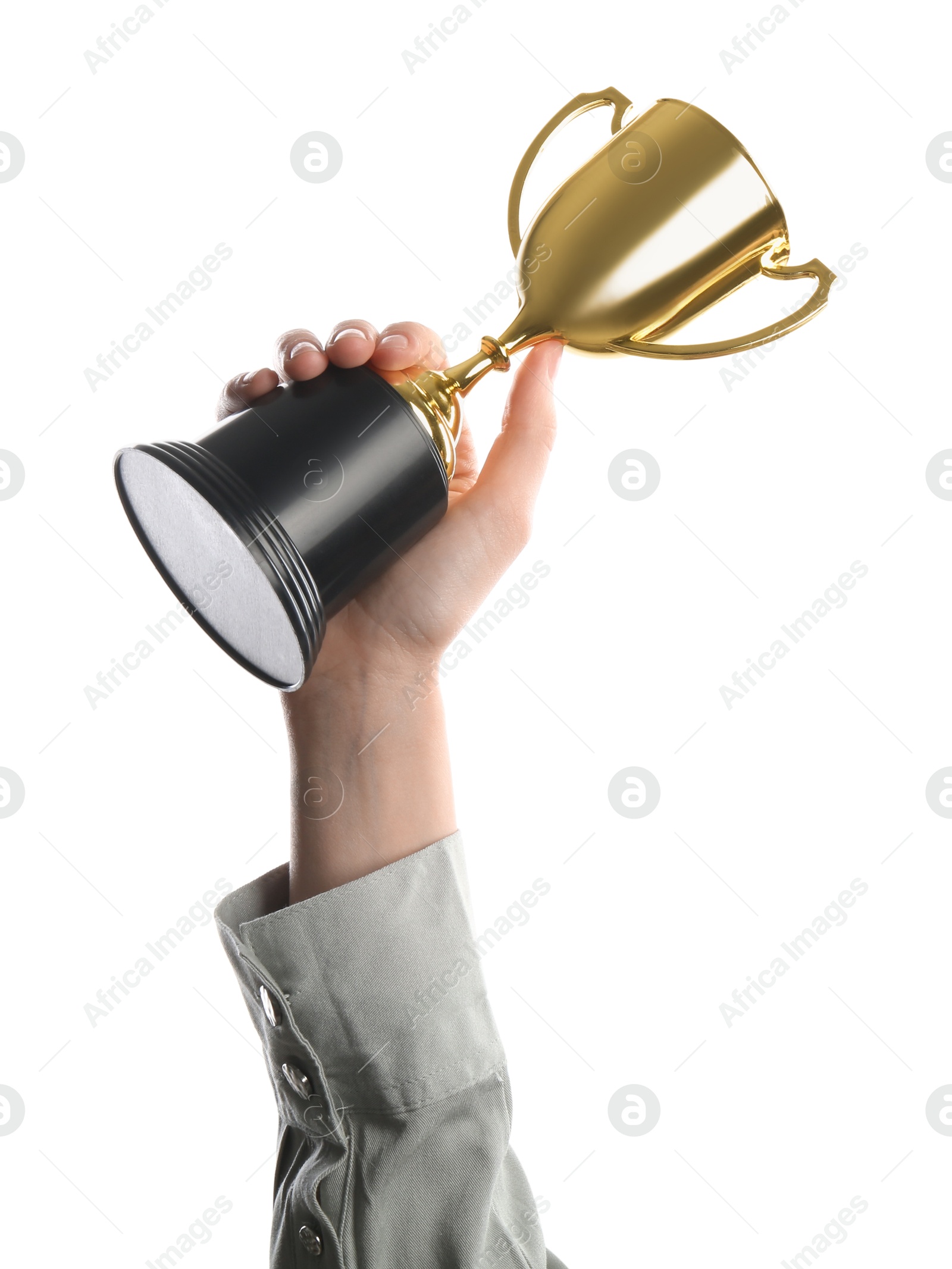 Photo of Woman holding golden trophy on white background, closeup