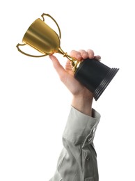 Woman holding golden trophy on white background, closeup